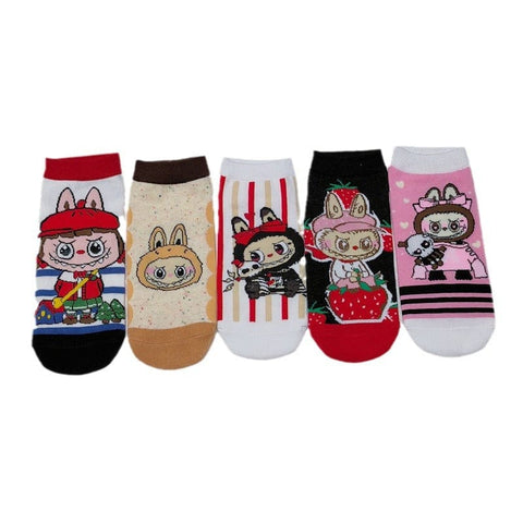 5 pairs Cartoon Short Socks Stitch Labubu