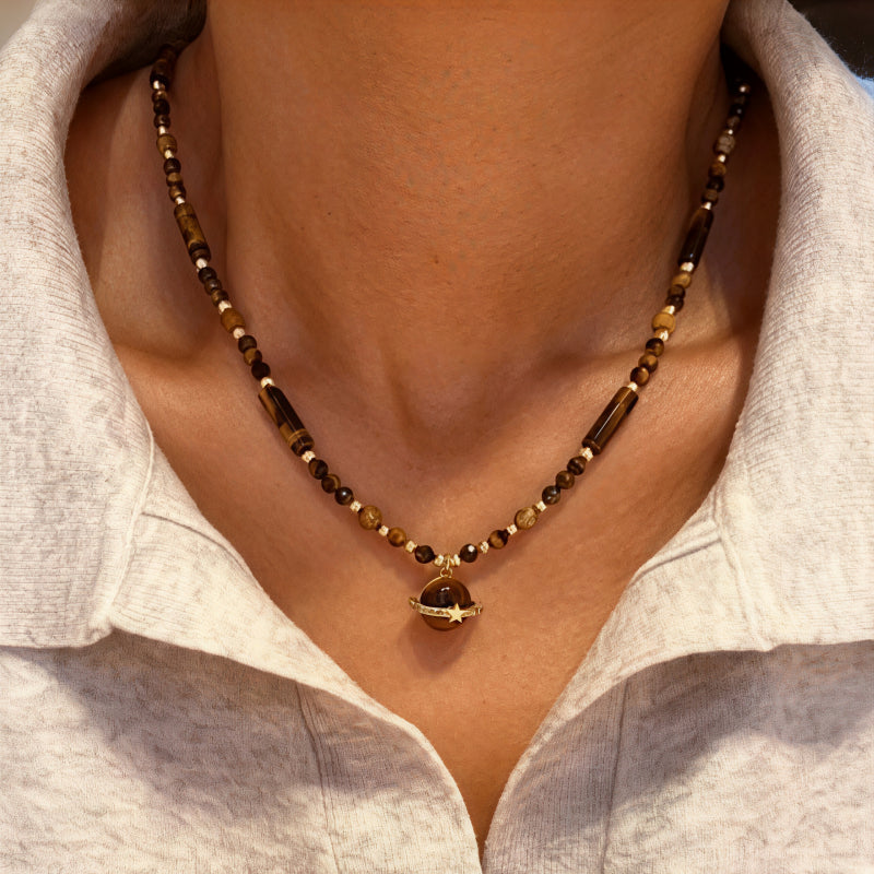 Natural Tiger Eye Stone Necklace, Cosmic Planet High-End Sense Chain