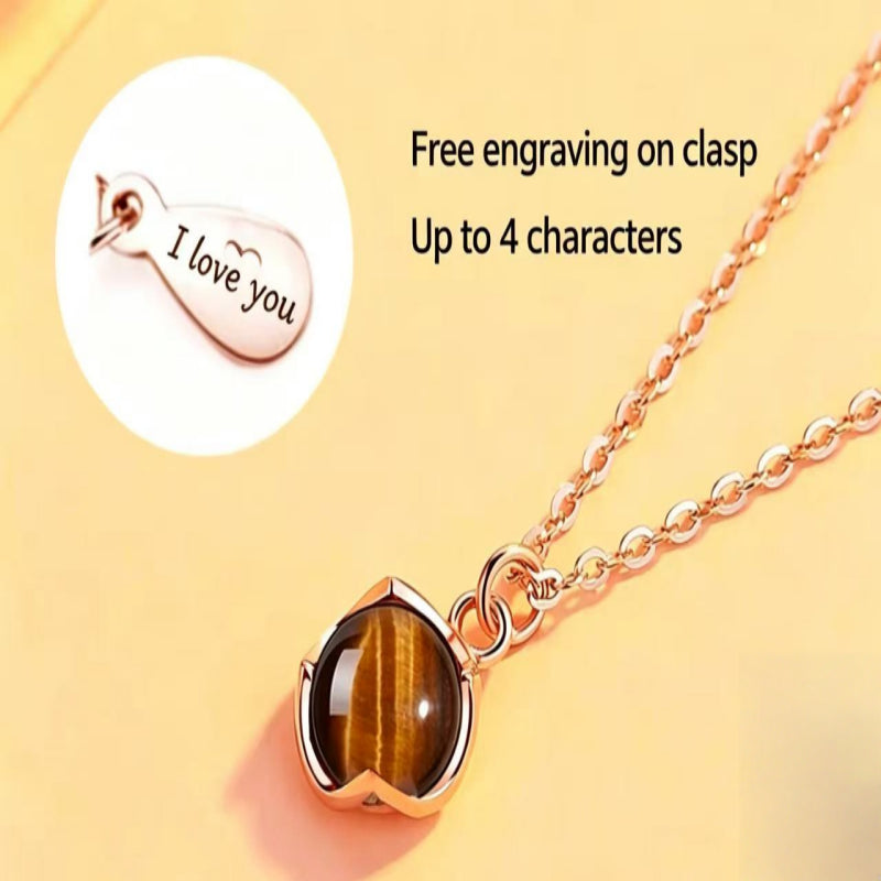 Natural Tiger Eye Necklace — Lucky Clover Engravable Birthday Gift Clavicle Necklace