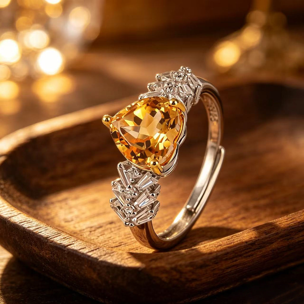 Sunny Heart Citrine Natural Crystal Ring - Golden Light, Lasting Luck
