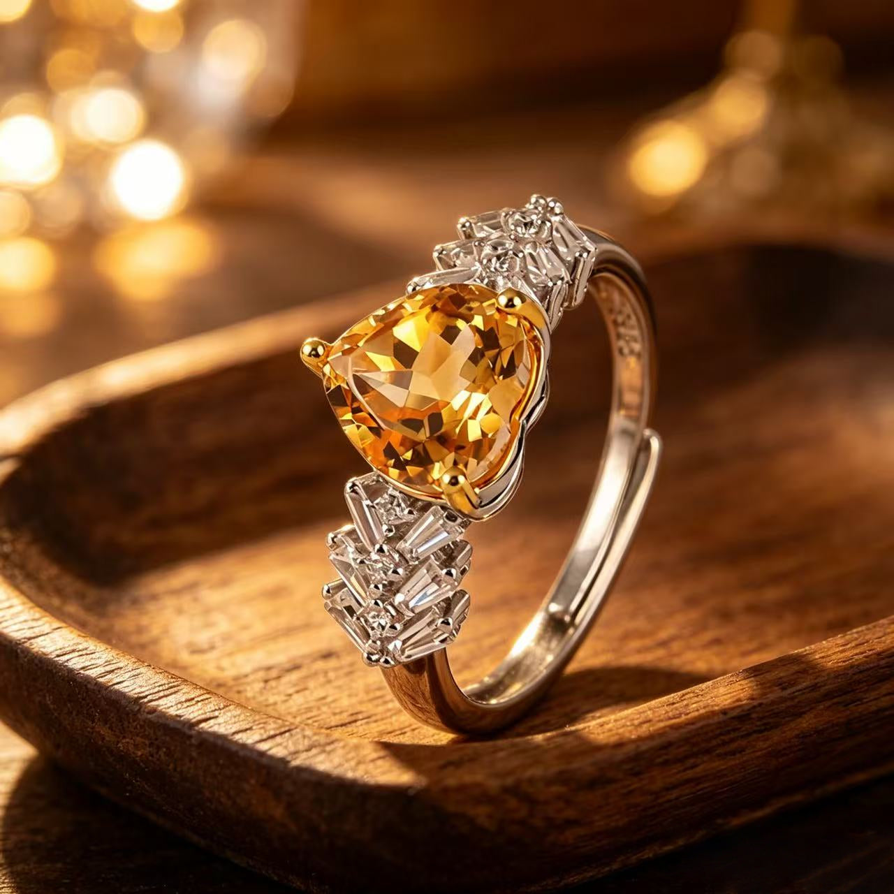 Sunny Heart Citrine Natural Crystal Ring - Golden Light, Lasting Luck