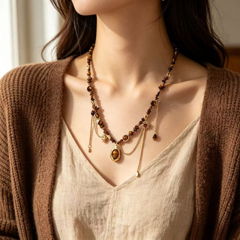 Natural Tiger Eye Stone Necklace — Maillard Vintage Fringe Choker Necklace
