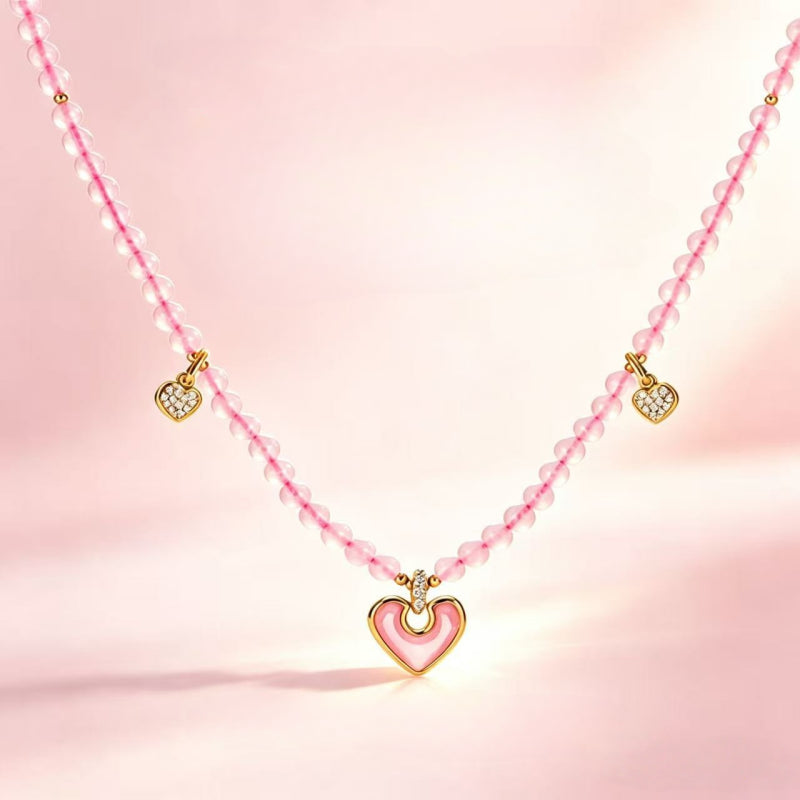 Pink Crystal Heart Beaded Necklace - Open Your Heart Chakra