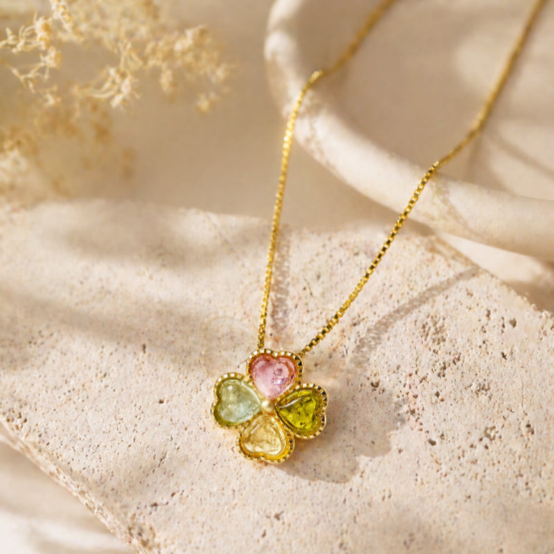 Collier trèfle à quatre feuilles et tourmaline multicolore – Cadeau d'anniversaire et de remise de diplôme pour meilleure amie