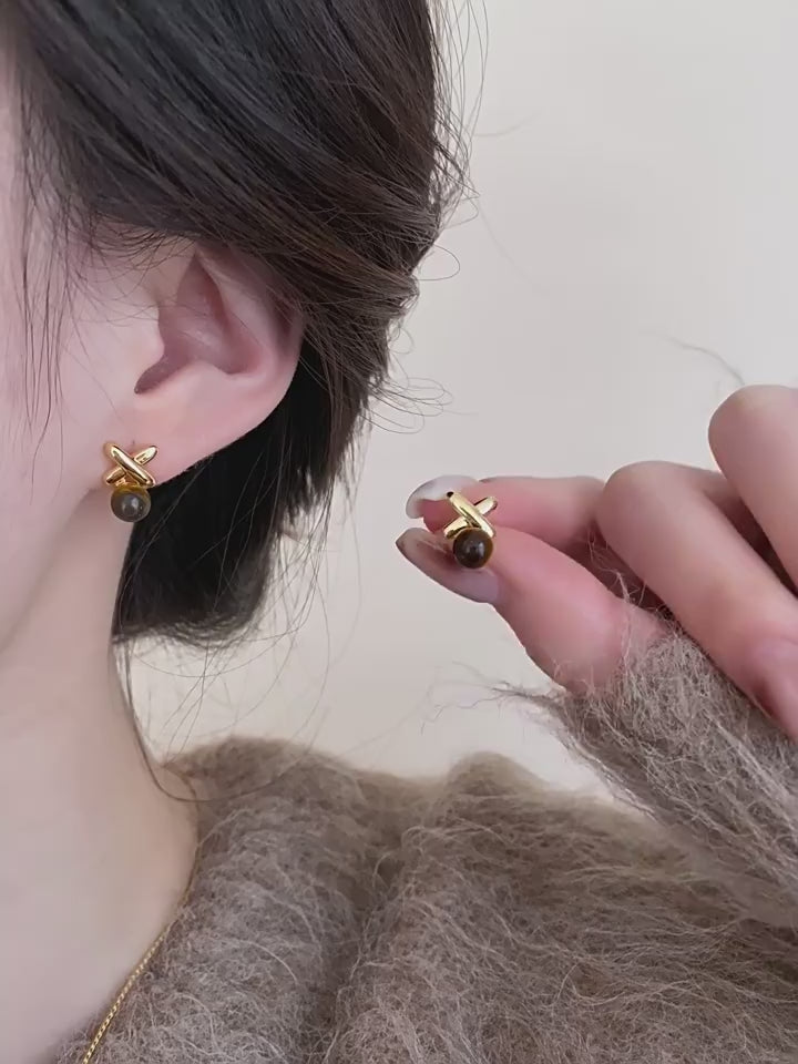 Geometric Tiger Eye Stud Earrings - Niche Maillard Crystal for Fortune