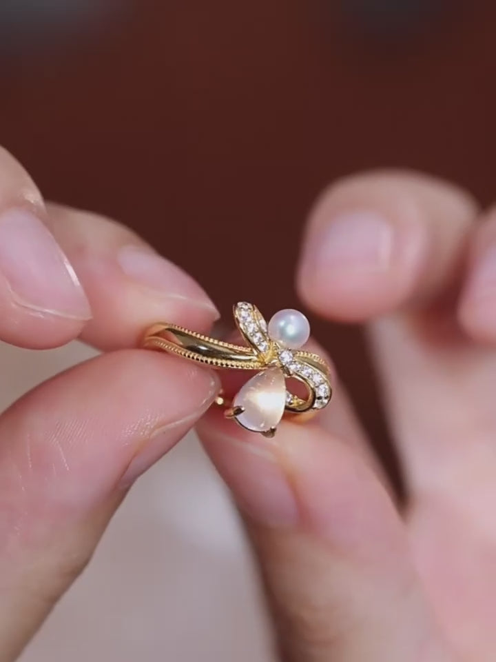 Bague en Cristal de Quartz Rose Naturel Nœud Papillon et Perle - L'amour de soi avant tout, la fortune suit