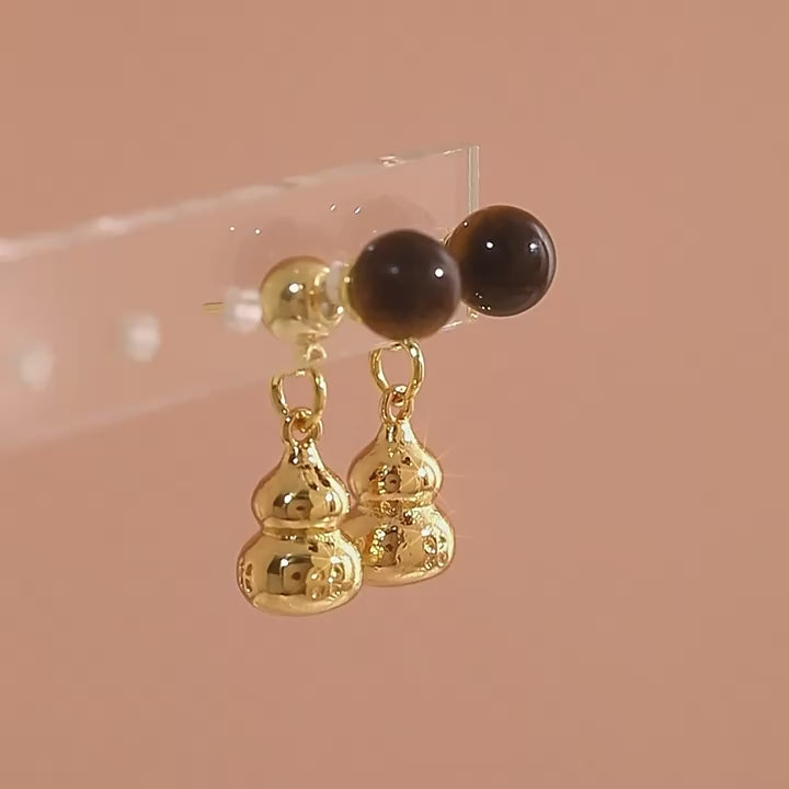 Golden Gourd Tiger Eye Stud Earrings - Fortune Blessing Jewelry