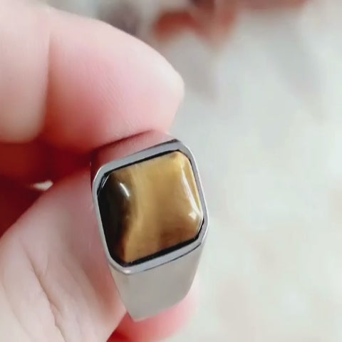 Natural Tiger Eye Stone Ring, Retro Men's Gemstone Ring