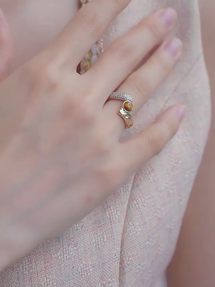 Bague Œil de Tigre Naturel, Zircon de Luxe Léger, Design Niche, Bague Ouverte pour Index