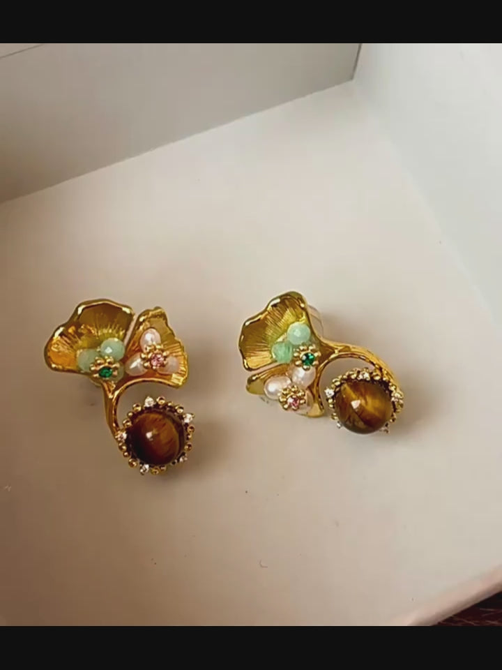 Boucles d'oreilles Œil de Tigre naturel, Lumina Tigeris Maillard Fleur Dorée, Cadeau Femme