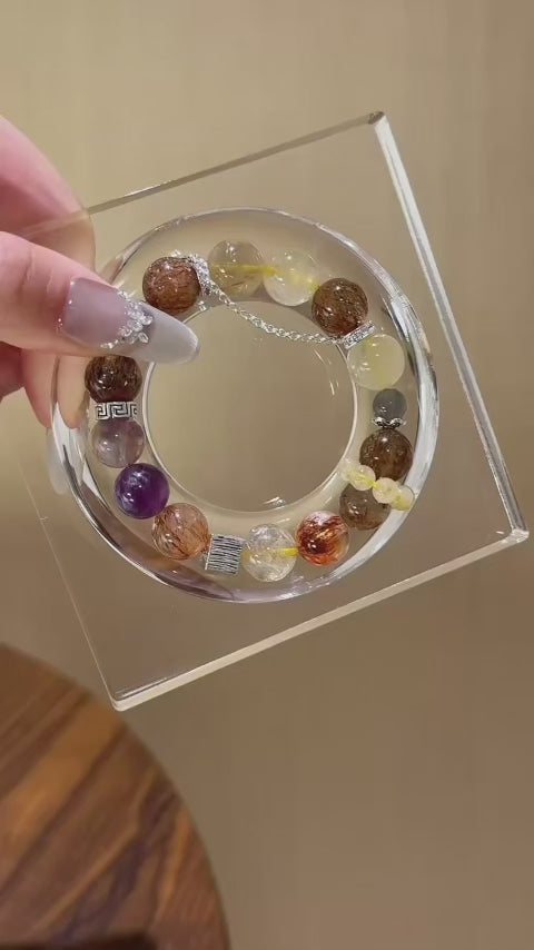 Purple Phantom Golden Rutilated Quartz & Grey Moonstone Bracelet - Attract Wealth