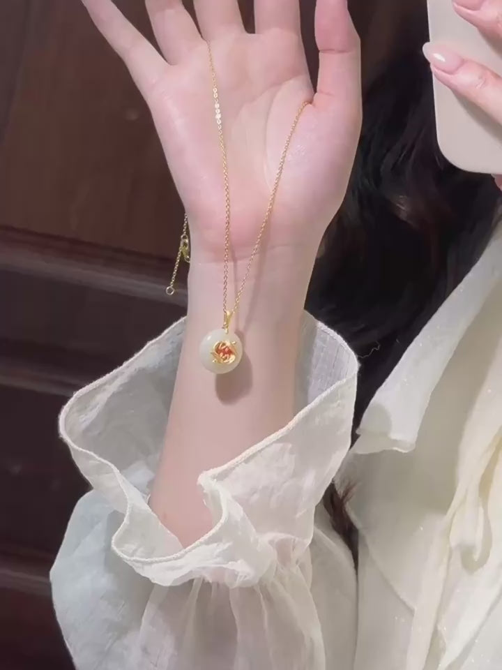Hetian Jade Lotus & Carp Necklace - Lotus & Koi for Prosperity