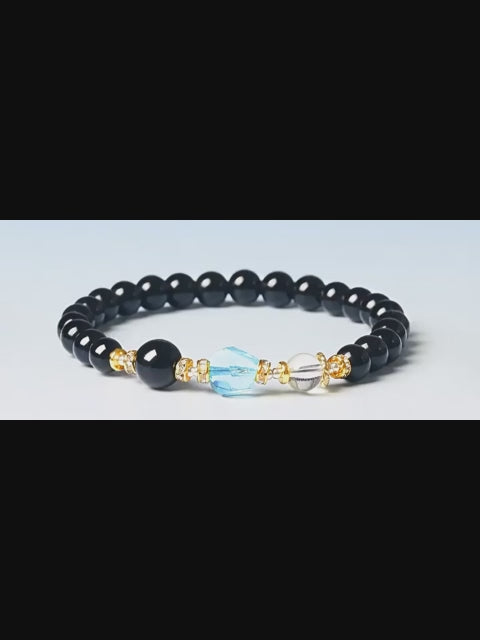 Natural Obsidian, Aquamarine & Clear Quartz Bracelet - Water Element, Blocks Harmful Malice