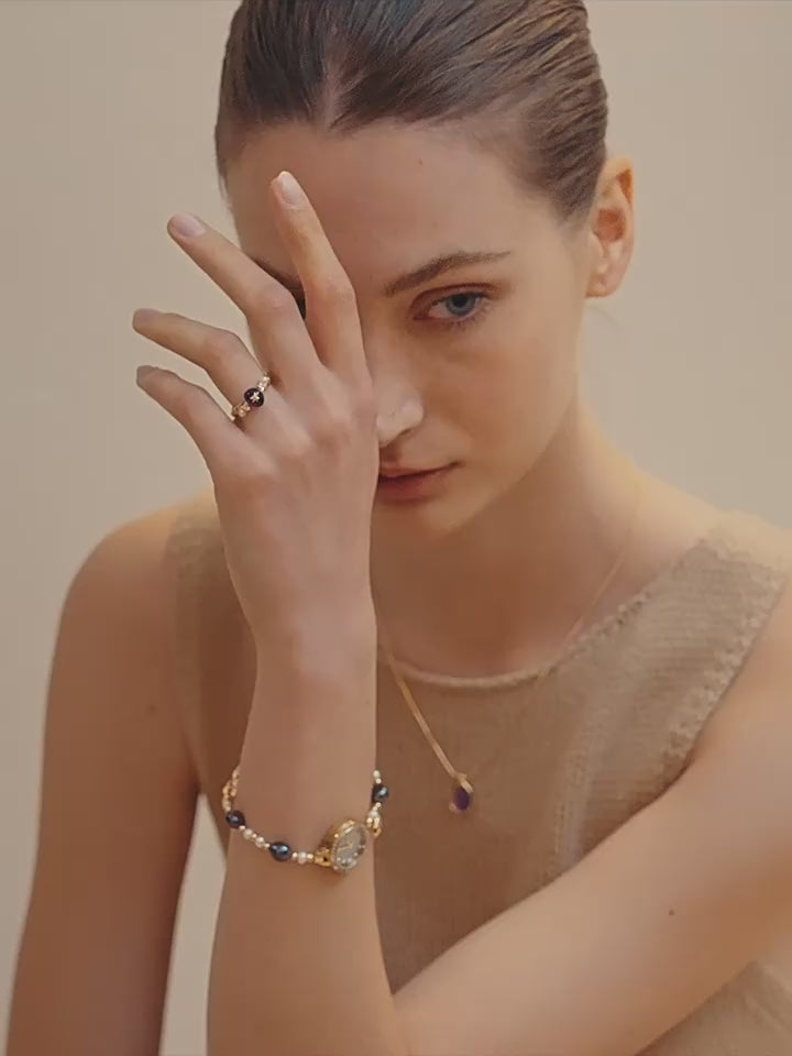 Bague ouverte personnalisée en améthyste naturelle et perle