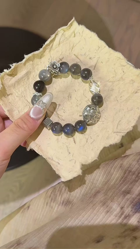 Labradorite Silver Obsidian & Clear Crystal Bracelet - Purify Energy Field