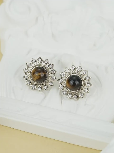 Sunflower Tiger Eye Stud Earrings - Niche Retro Crystal for Fortune & Success
