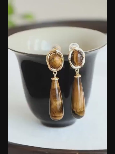 Boucles d'oreilles goutte d'eau œil de tigre naturel — attire la richesse et protège