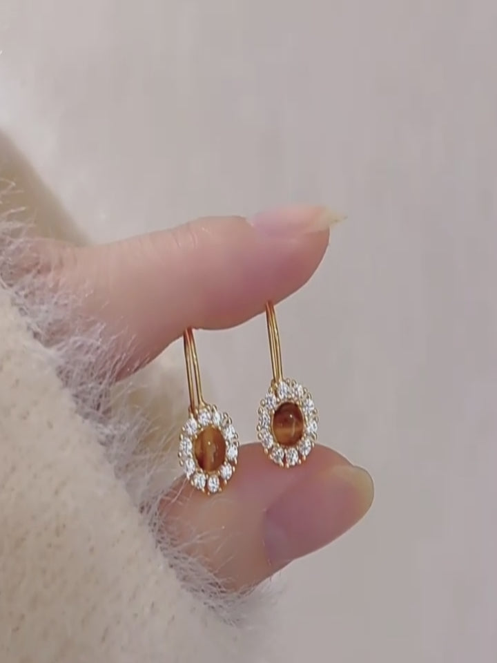 Boucles d'oreilles Œil de tigre naturel — Fermoir d'oreille Fleur Vintage