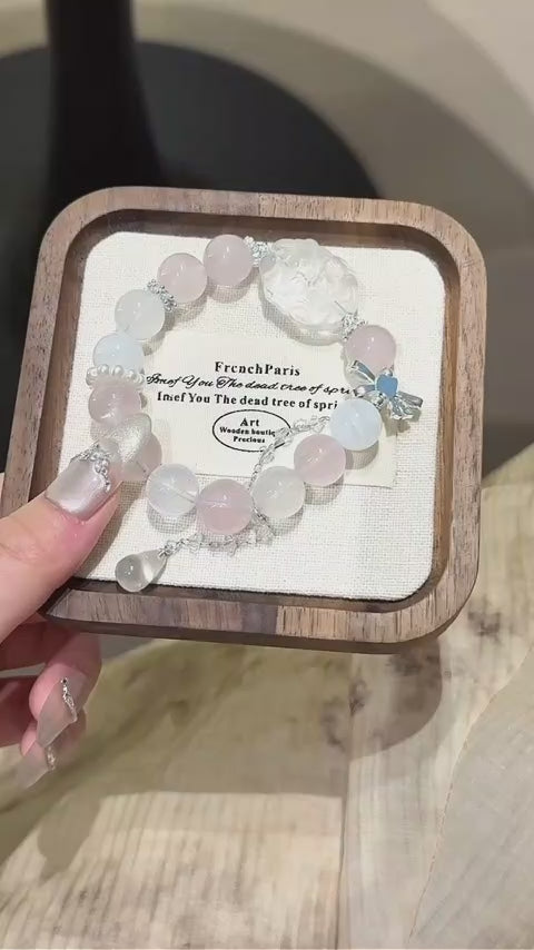 Rose Quartz & Clear Crystal Nine‑Tailed Fox Bracelet - Wisdom and Magnetism