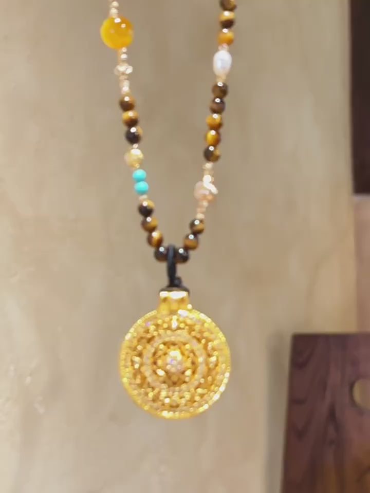 Natural Tiger Eye Stone Necklace, Compass Pendant Sweater Necklace, Gift for Mom