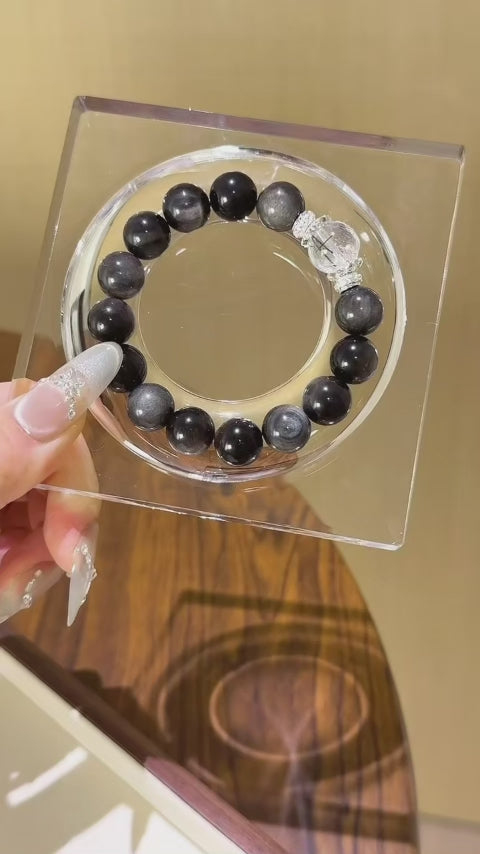 Silver Obsidian & Black Rutilated Quartz Bracelet - Enhance Intuition