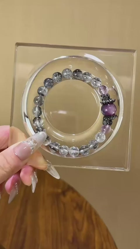 Black Rutilated Quartz, Purple Mica & Amethyst Bracelet - Attract Wealth