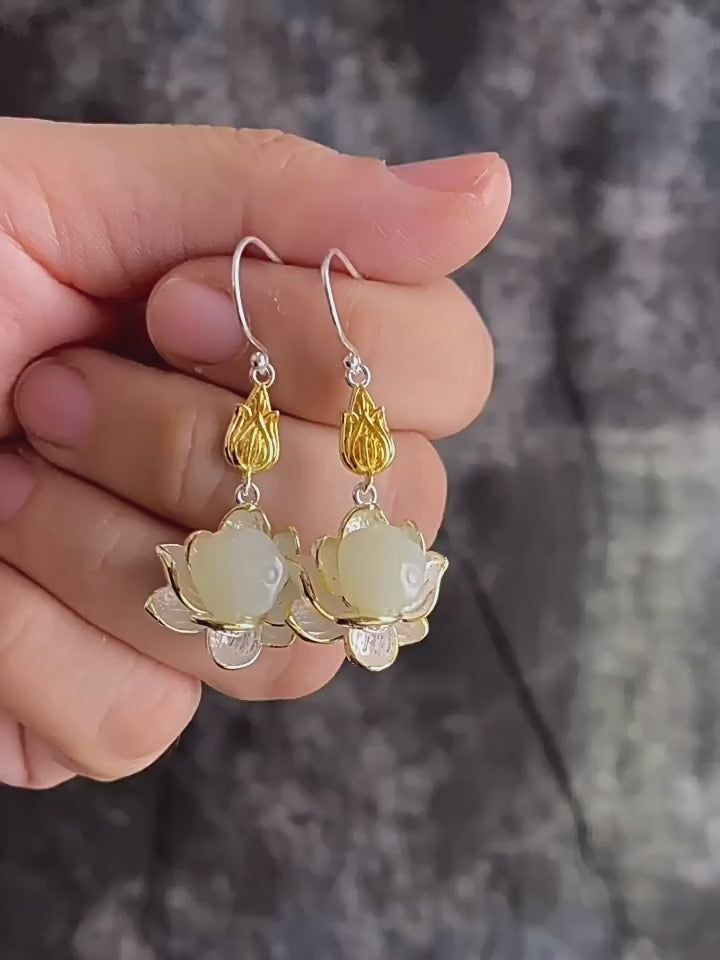 Boucles d'oreilles Lucky Lotus Pod en jade Hetian – Bijoux ethniques orientaux