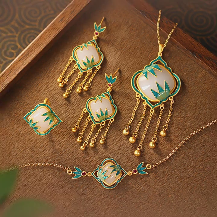 Natural Hetian Jade Necklace Bracelet Earrings Ring Set - Symbolizes Peace