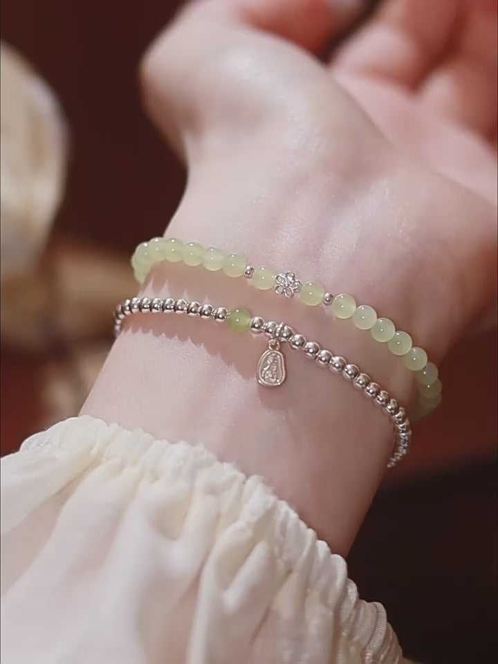 Nephrite & Silver Beads Stackable Bracelet - Serene Minimal Elegance