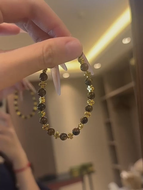 Bracelet vintage œil de tigre, perles et croix - Attire la richesse