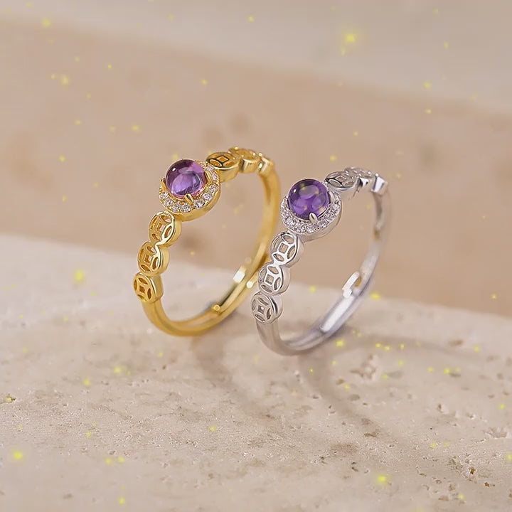 Bague en améthyste naturelle, pièce de monnaie de la fortune