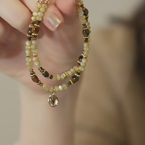 Tiger Eye & Shell Bead Bracelet for Women, Adjustable Extension Chain with Leaf Pendant
