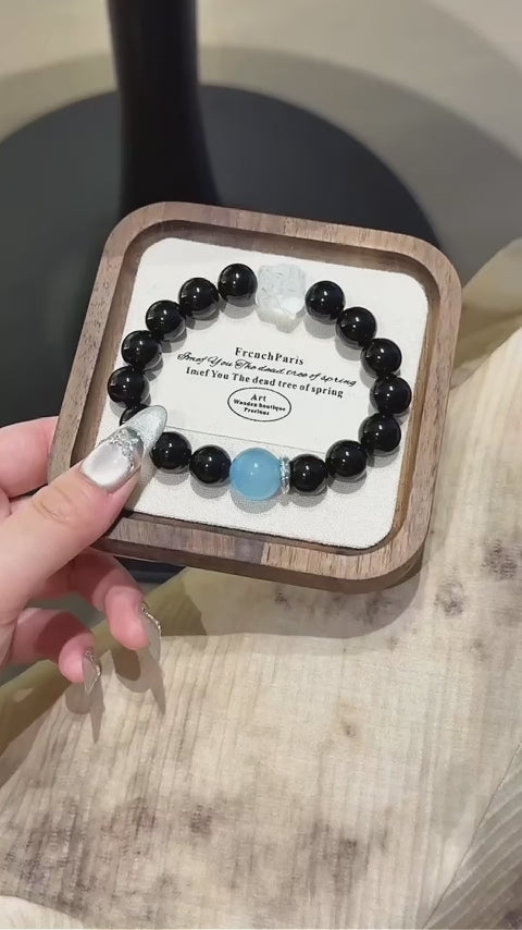Obsidian & Aquamarine Guardian Lion Bracelet - Emotional Stability