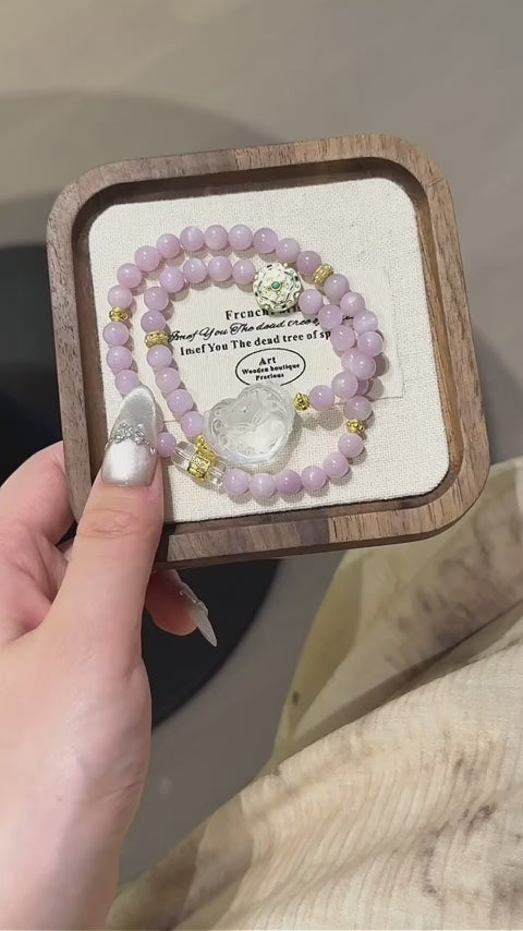 Kunzite & Clear Quartz Heart‑Shaped Fox Bracelet - Shield From Negative Energies
