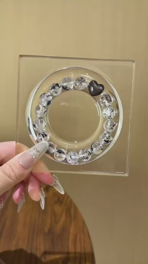Elestial Quartz & Silver Obsidian Heart Bracelet - Support Meditative State