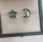 Natural Abalone Shell Pearl Earrings - Moon & Star Bring Gentle Serenity