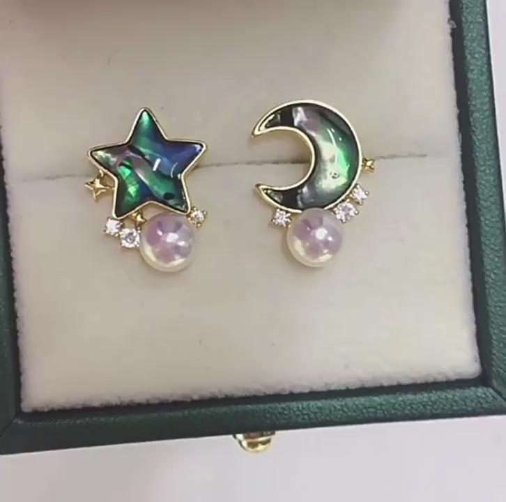 Natural Abalone Shell Pearl Earrings - Moon & Star Bring Gentle Serenity