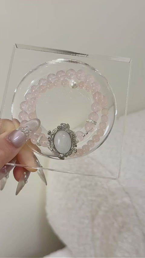 Milky White Quartz Box‑Shaped Bead & Rose Quartz Double‑Loop Bracelet - Relieve Stress