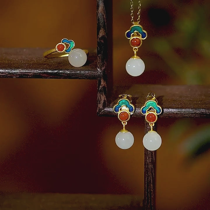 Natural Hetian Jade Cloud Necklace Earrings Ring Set - Soothe Restless Mind