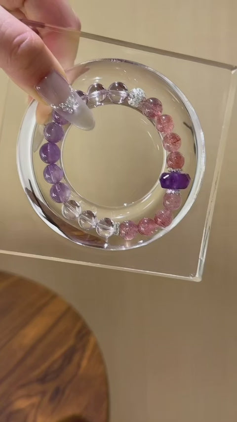 Amethyst‑Strawberry Quartz‑Clear Quartz Bracelet - Support Restful Sleep