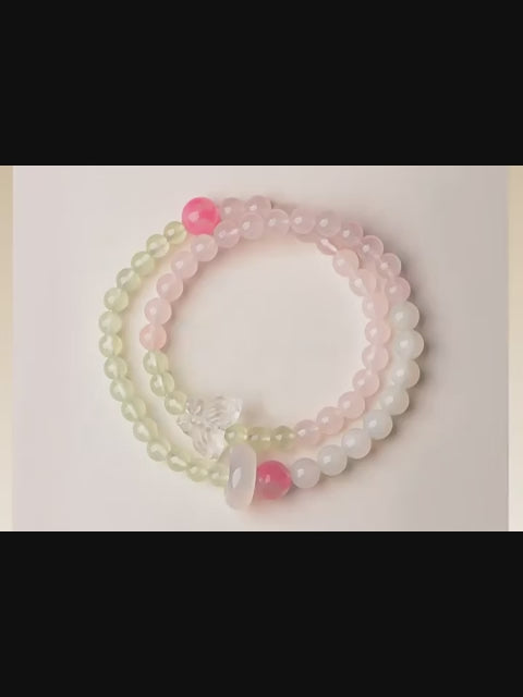 Natural Rose&Clear Quartz Prehnite White Agate Bracelet - Tranquility and Strength