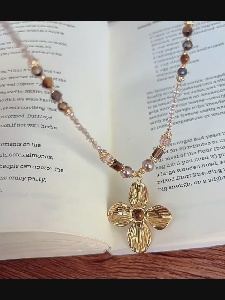 Natural Tiger Eye Stone Necklace, Lucky Four-Leaf Clover Long Sweater Chain