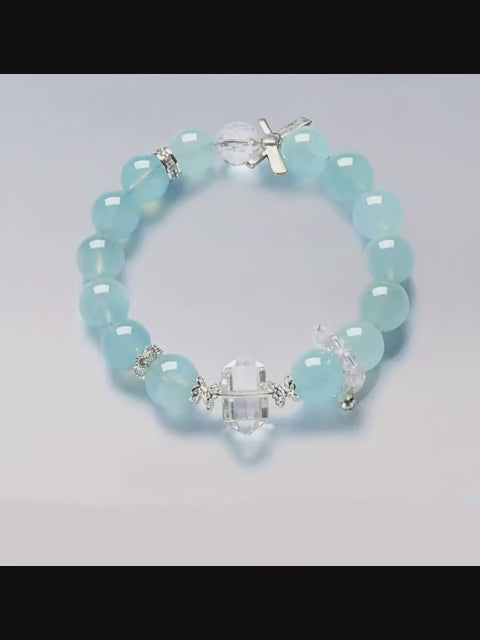 Natural Aquamarine & Clear Crystal Bow Bracelet - Boost Confidence & Calm