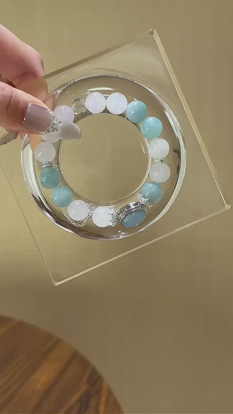 White Phantom Quartz & Aquamarine Box‑Shaped Bead Bracelet - Calm Emotions