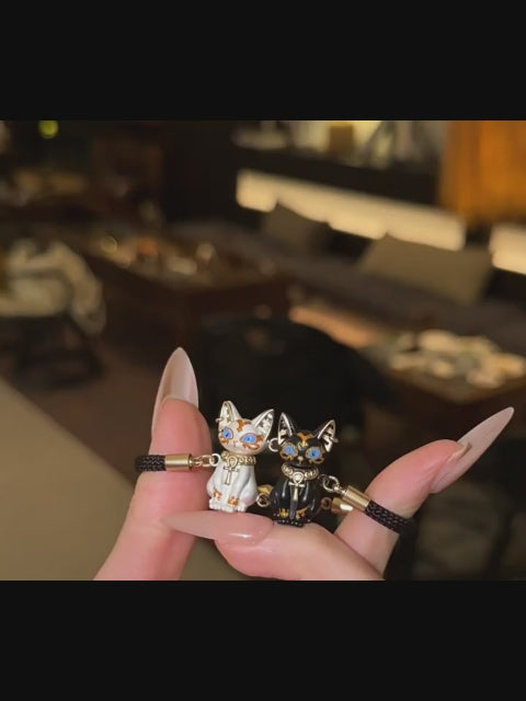 Bracelet en Pierre Naturelle Œil de Tigre — Déesse Égyptienne Ancienne Bastet Gardienne Chat Noir