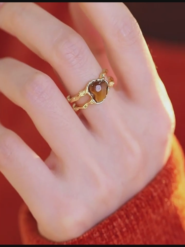 Bague Cœur Œil de Tigre - Apaise l'Esprit et Repousse les Perturbations Extérieures