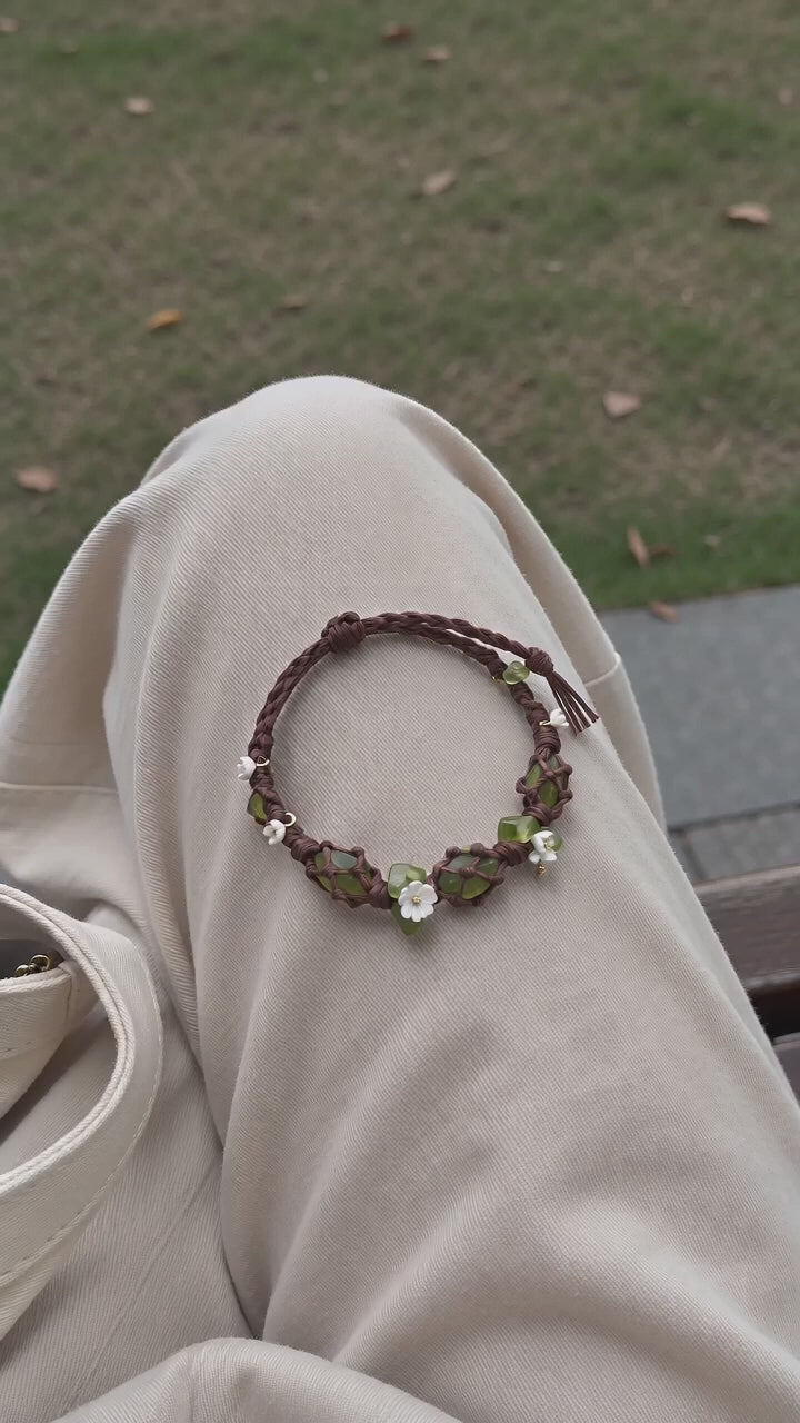 Peridot Net Woven Bracelet with Tiny Flower Charms - Hope & Peace