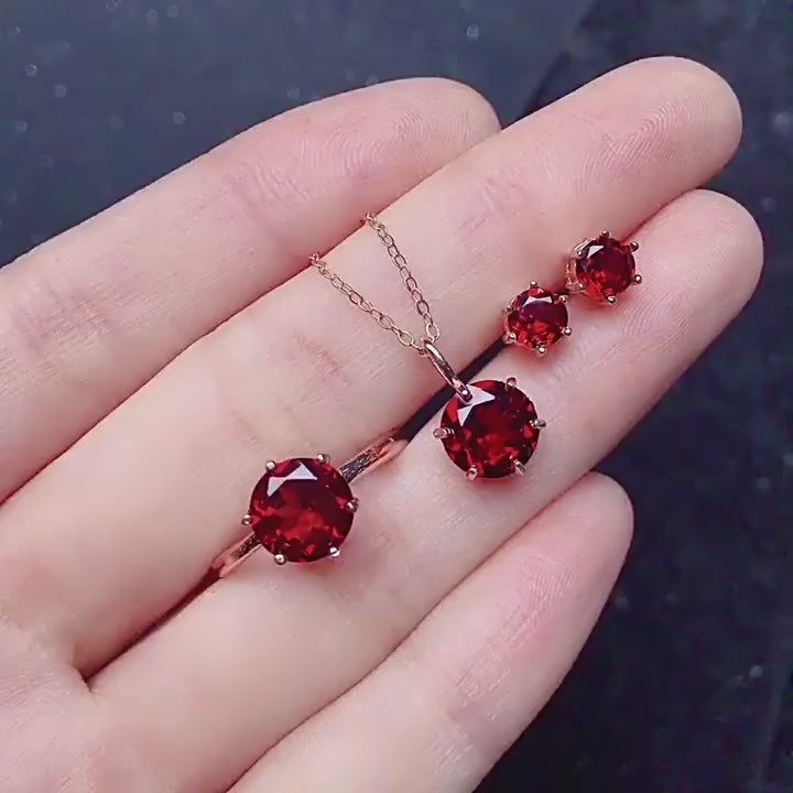 Natural Garnet Necklace Earrings Ring Jewelry Set - Boost Strength