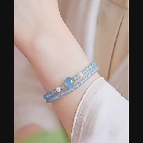 Aquamarine Pearl Double Loop Bracelet - Continuous Good Luck