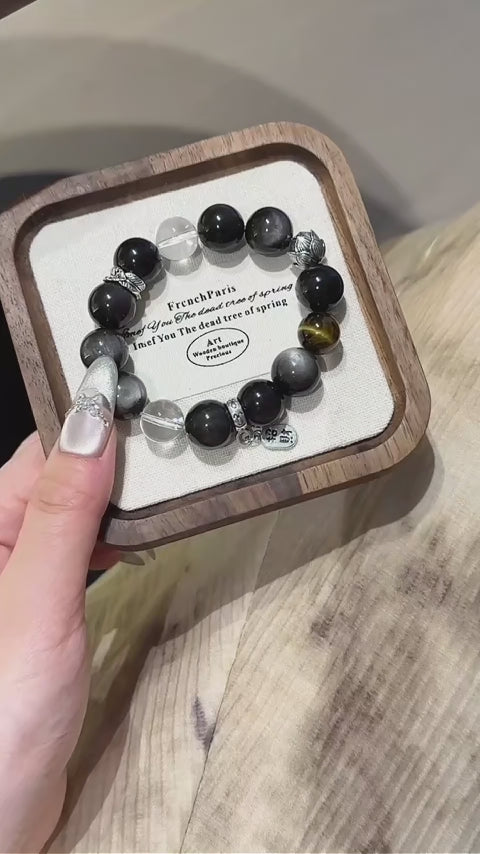 Silver Obsidian, Clear Quartz & Tiger’s Eye Bracelet - Goal Focus
